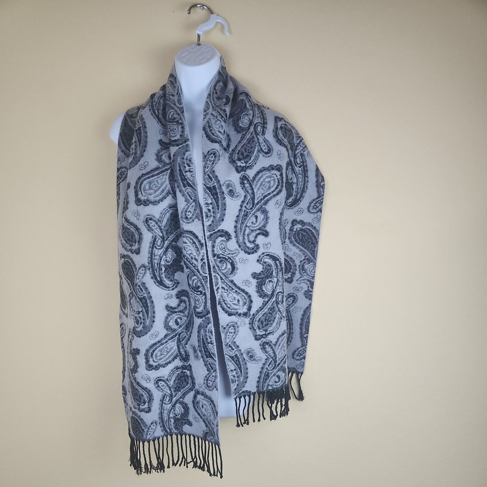 Charming Charlie‎ Lightweight Paisley Boho Scarf Wrap with Fringe gray Black